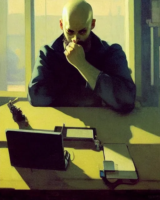 Image similar to a bald moustachioed beardless hacker at the computer. fantasy art by greg rutkowski, gustave courbet, rosa bonheur, edward hopper. faithfully depicted facial expression, perfect anatomy, sharp focus, global illumination, radiant light, detailed and intricate environment, trending on artstation