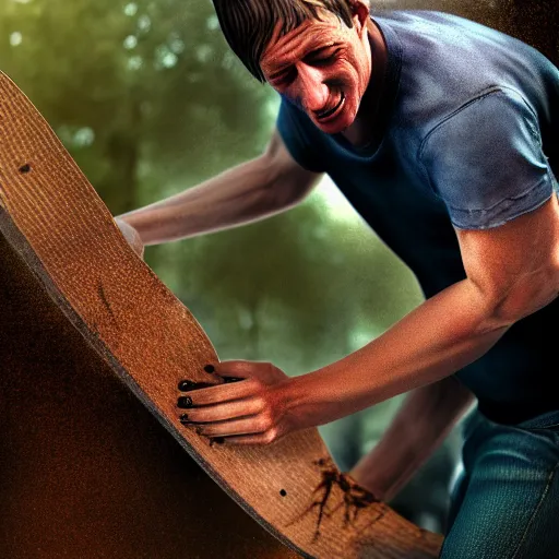 Prompt: tony hawk crying, he is stuck feetfirst in a woodchipper, photograph, hyper realistic, outdoors, midafternoon, 4 k, artstation, unreal engine, cinematic