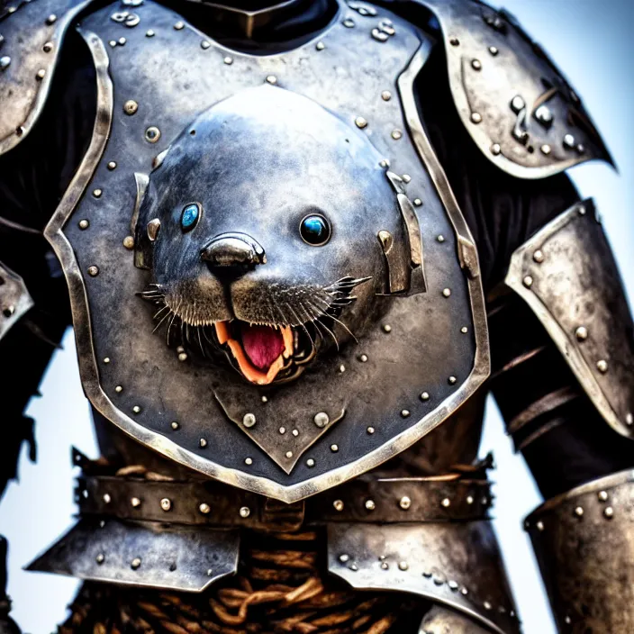 Image similar to photo of a warrior with metal otter themed armour, highly detailed, 4 k, hdr, smooth, sharp focus, high resolution, award - winning photo