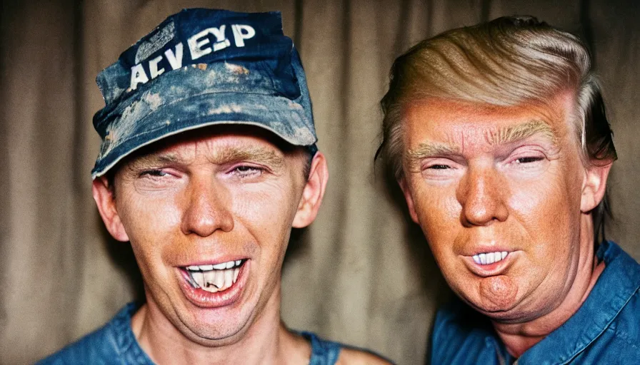 Image similar to far view, extremely skinny malnourished donald trump, wearing dirty overalls, dirty greasy face, grin, portrait, close up, kodak gold 2 0 0, 5 0 mm,