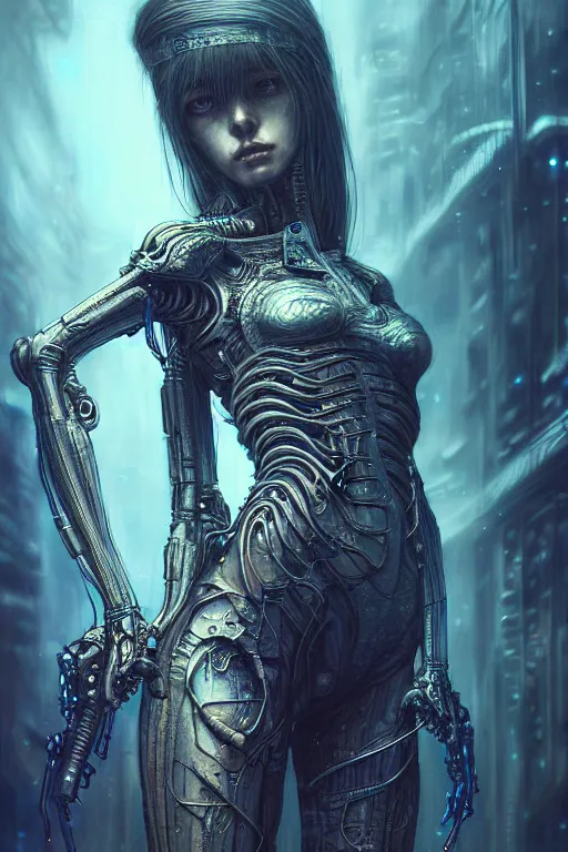 Prompt: a highly detailed long shot photo of cyberpunk female character by ayami kojima, elf, beksinski, giger, elf, gun, intricate, digital painting, artstation, concept art, smooth, sharp focus, full body