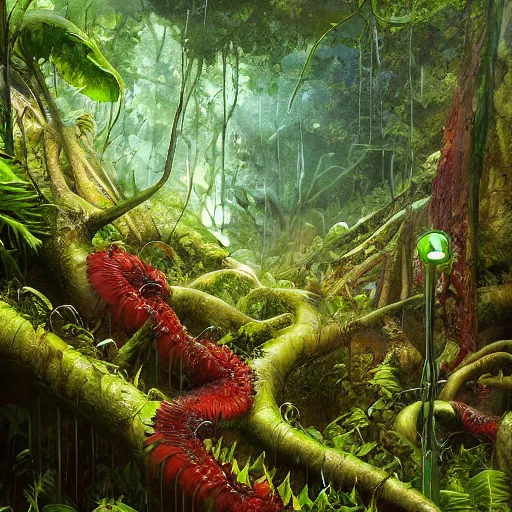 Prompt: a marc simonetti illustration of a carnivorous plant in a lush tropical forest