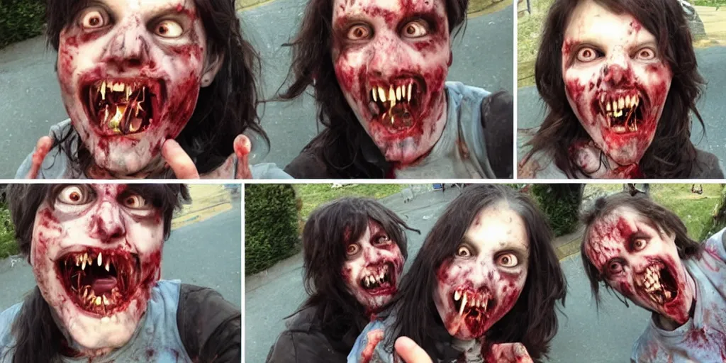 Prompt: smiling zombies selfies