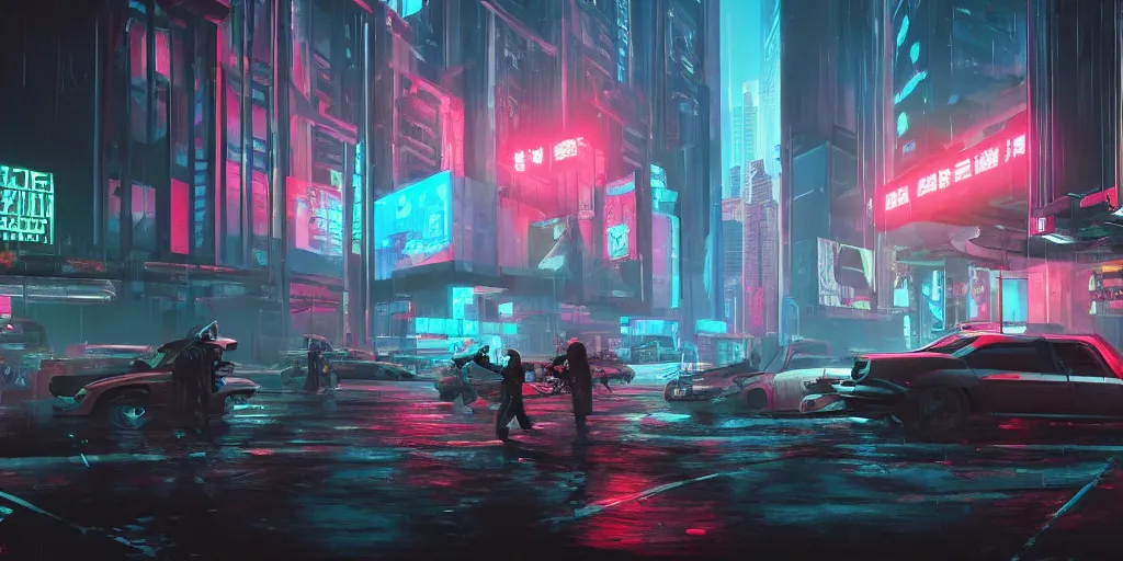 Prompt: a cyberpunk bank heist, concept art, ultra realistic, 8 k, painting, highly detailed, sci - ci, neon, rain, guns, firearms, robbery