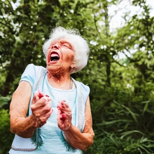 Prompt: elderly woman screaming at a butterfly, 🦋, canon eos r 3, f / 1. 4, iso 2 0 0, 1 / 1 6 0 s, 8 k, raw, unedited, symmetrical balance, wide angle