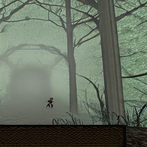 Prompt: screenshot of a playstation 1 psx game where the player is t - posing in deep distance fog