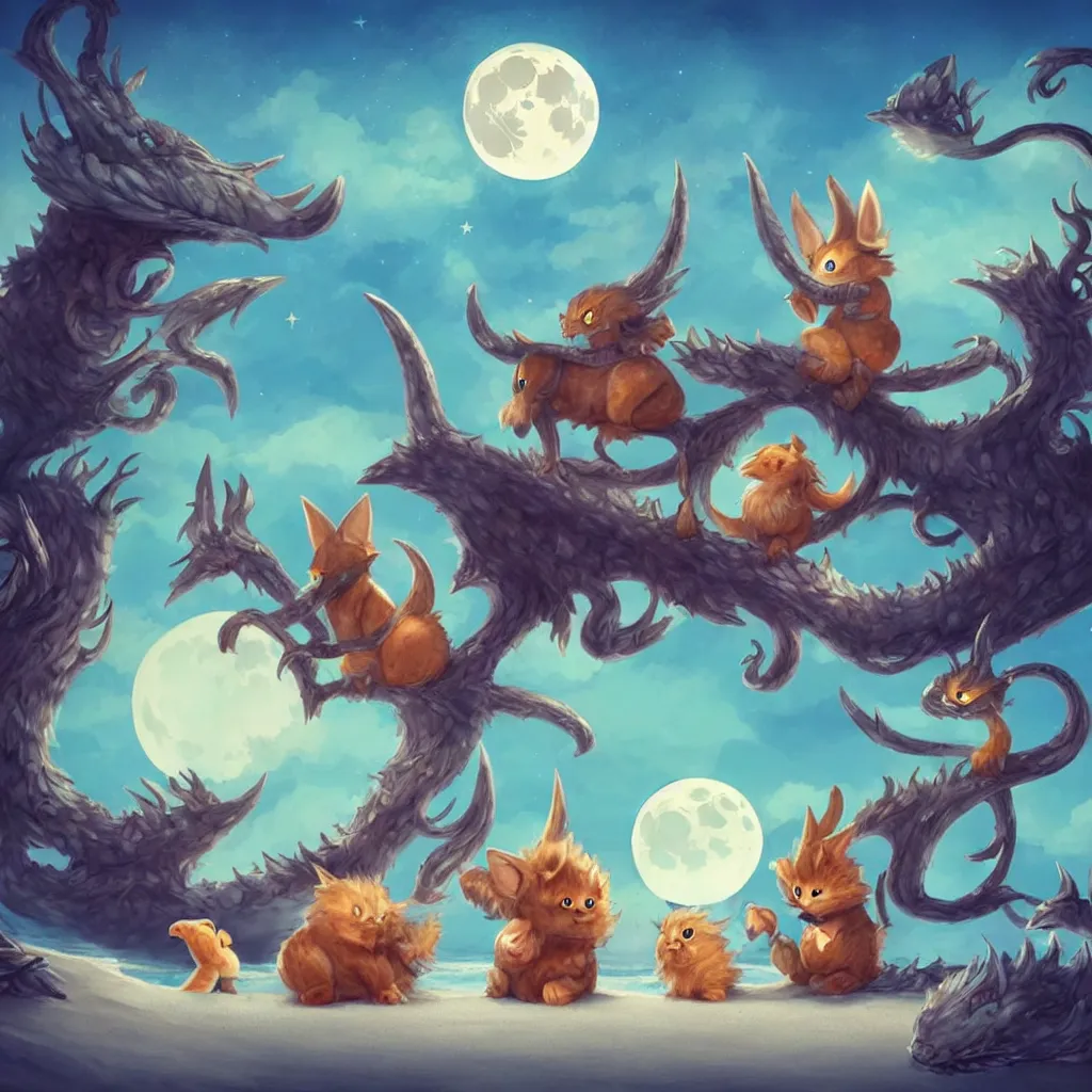 Image similar to cute fantasy critters at a beach looking at the moon, ultra realistic, concept art, highly detailed