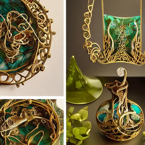 Image similar to jewellery with filigree faberge orchid betta whiplash forest liquid lightshow twisted organic natural forms designed by kilian eng and william morris, gold and jade, studio photography beautiful set up