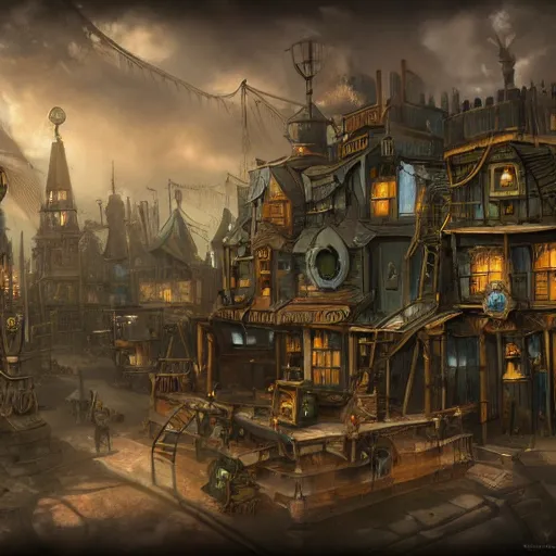 Prompt: A Complex steampunkVillage, art by Nathan Fowkes , art station, colorkey scene,