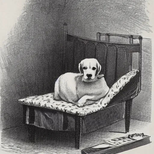 Prompt: a dog in a cot, in leather shoes, sitting in an armchair, fluid, smooth, high contrast, sharpness, dramatic, very detailed, intricate, by windsor mckay