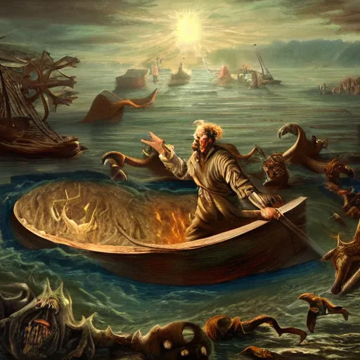 Image similar to man on boat crossing a body of water in hell with creatures in the water, sea of souls, by studio 4 c