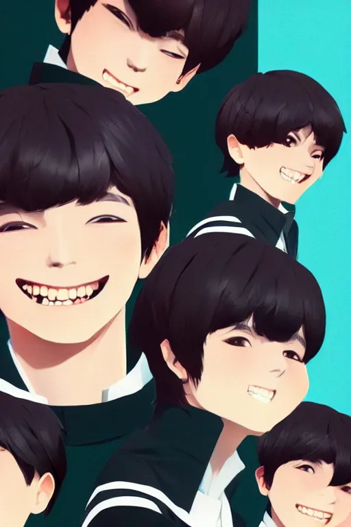 Image similar to a headshot of a very happy yoongi gummy smile - short black hair wearing male school uniform, sharp focus, illustration, morandi color scheme, art station, high detailed, by ilya kuvshinov, gorillaz art