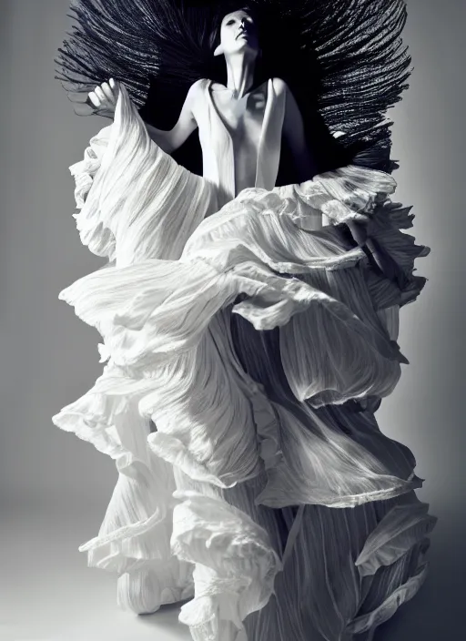 Image similar to a full body portrait of a woman by justin ridler wearing an intricate billowing dress, face in the style of irakli nadar