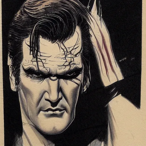 Prompt: beautiful portrait commission of a handsome bruce campbell casual clothes in a vintage gothic style. black hair. pale skin, black makeup. character design by Bruce Pennington, detailed, inked, western comic book art