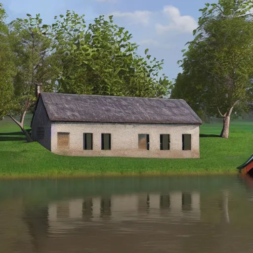 Image similar to farmhouse beside a lake, felix Kelly, trending on artstation