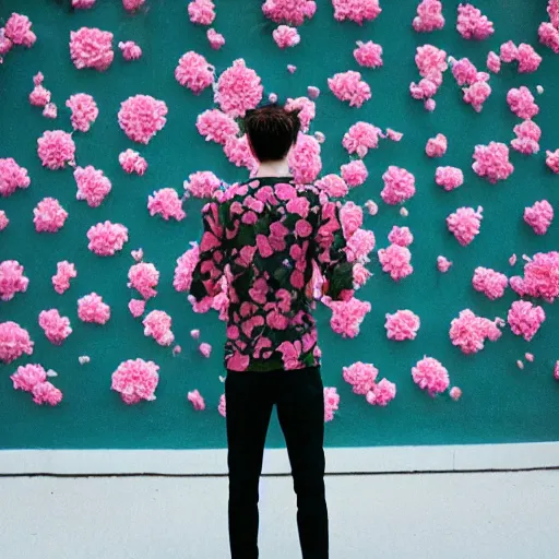 Image similar to kodak portra 4 0 0 photograph of a skinny blonde goth guy standing in front of floral wall, back view, moody lighting, telephoto, 9 0 s vibe, blurry background, vaporwave colors, faded!,