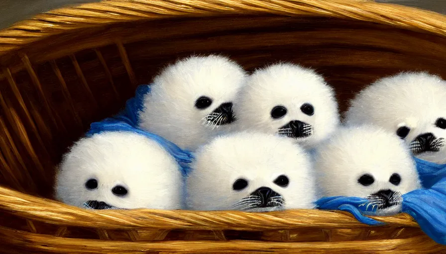 Image similar to highly detailed painting of cute furry white baby seals cuddled up in a basket by william turner, thick brush strokes and visible paint layers, 4 k resolution, blue and white colour scheme