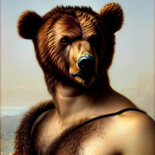 Image similar to renaissance upper body portrait of a realistic bear playing lute, lean and toned, handsome face, hairy chest, D&D, intricate, elegant, highly detailed, digital painting, artstation, concept art, matte, sharp focus, illustration, art by da Vinci, Artgerm and Greg Rutkowski and Alphonse Mucha