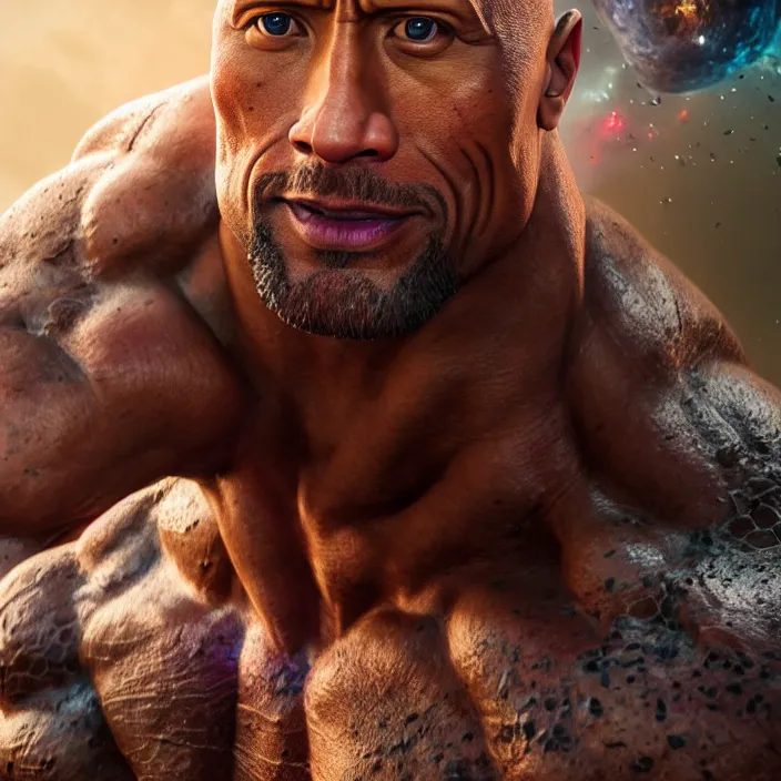 Image similar to Dwayne Johnson as Thanks, avengers end game, avengers infinity war, au naturel, hyper detailed, digital art, trending in artstation, cinematic lighting, studio quality, smooth render, unreal engine 5 rendered, octane rendered, art style by klimt and nixeu and ian sprigger and wlop and krenz cushart