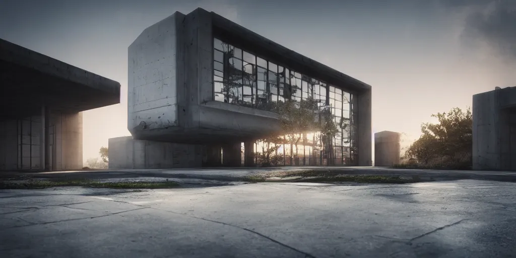 Image similar to a modern concrete building, brutalism, nature around, sunset, photorealism, beautiful, cinematic dramatic atmosphere, volumetric cinematic perfect light, detailed octane render trending on artstation, 8 k, by chris hytha and jag studio
