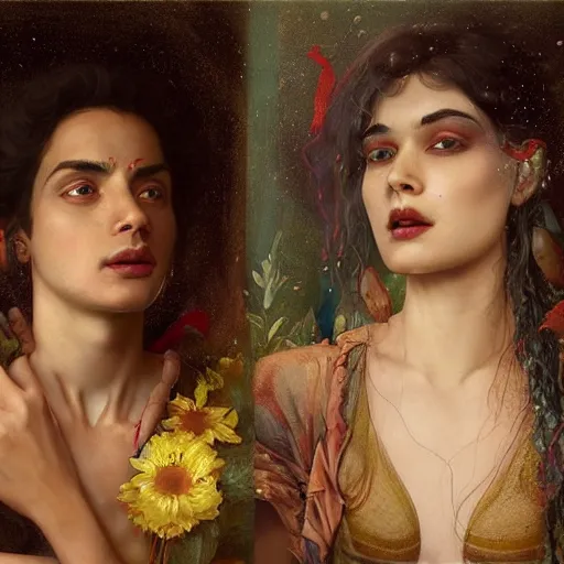 Image similar to both the guy jintu and the girl munmi dies and goes to hell where the god of death grants them a second chance to live on earth for seven days. at the end of one week, they must decide who gets to live. digital artwork by roberto ferri, by tom bagshaw, by j. c. leyendecker and klimt