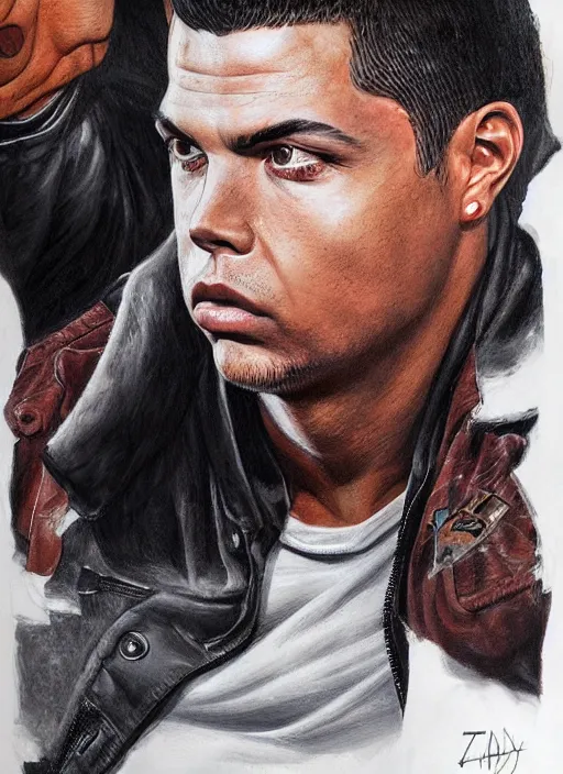 Image similar to portrait of ronaldo nazario, gritty, dark, wearing a leather jacket, very detailed eyes, hyperrealistic, very detailed painting by glenn fabry, by joao ruas, by artgerm