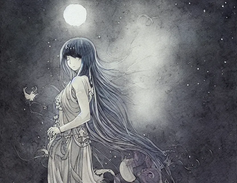 Prompt: moon priestess. color ink wash by award - winning mangaka, chiaroscuro, bokeh, backlighting, field of depth