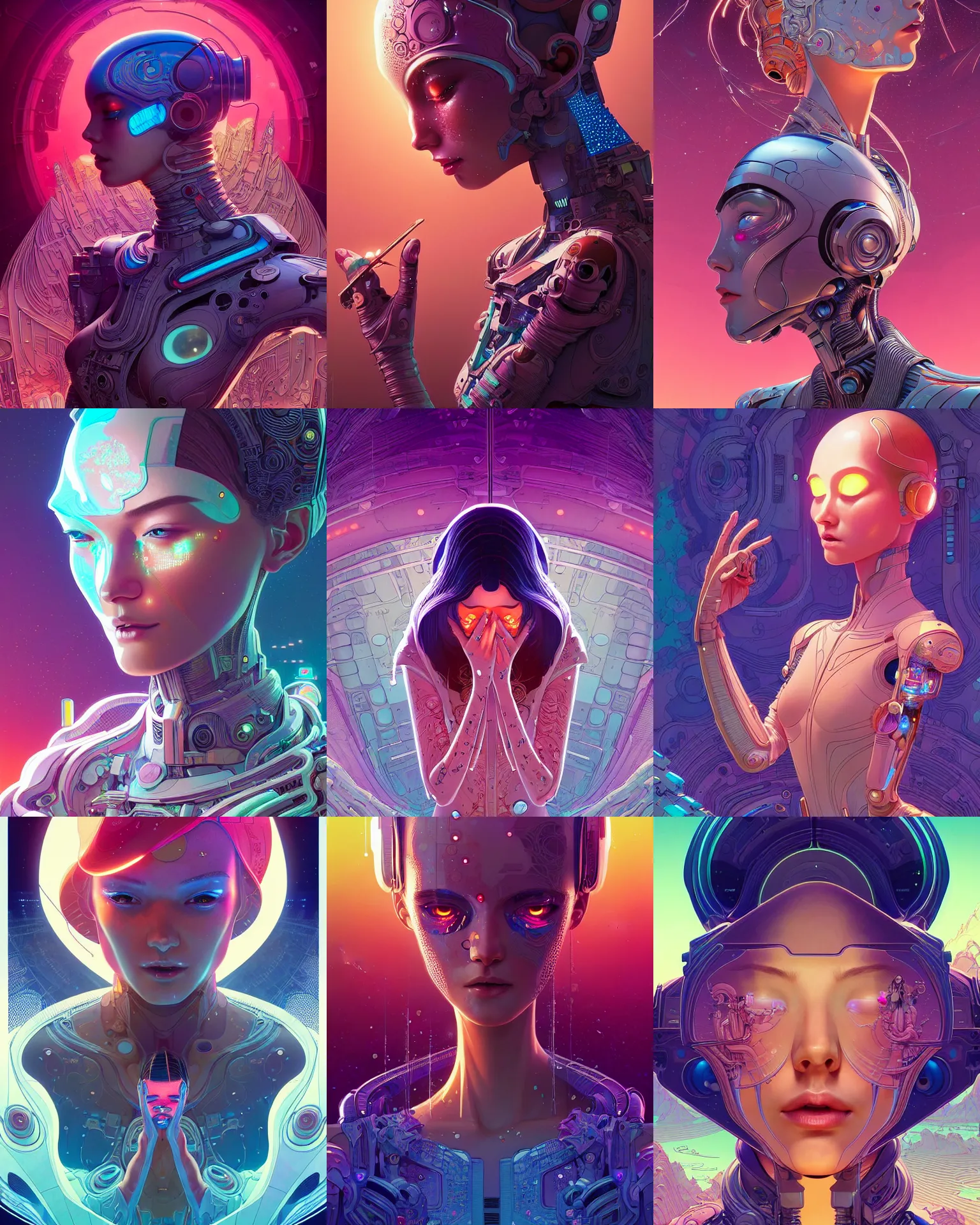 Prompt: ultra detailed, beautiful female android in tears, crying. scifi, fantasy, intricate detailed environment, global illumination, vector art, concept art, digital illustration, matte painting. by james jean and moebius and artgerm and wlop and liam brazier and victo ngai and tristan eaton.