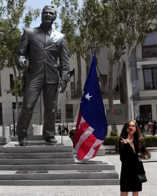 Image similar to Actress Eliza Dushku gets her picture taken in front of the waving George w. Bush statue in Fushë Kruje's main square during a trip to Albania, photographed in the style of National Geographic