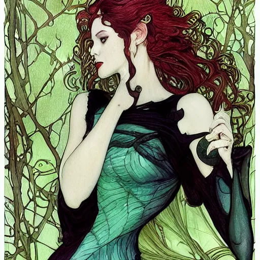 Image similar to a beautiful picture of doctor poison ivy professor of botany and doctor liliana vess professor of demonology having lunch, academic clothing, dark eyeliner, intricate, elegant, highly detailed, digital painting, artstation, concept art, matte, sharp focus, illustration, art by rebecca guay and by arthur rackham and by alphonse mucha and by john william waterhouse