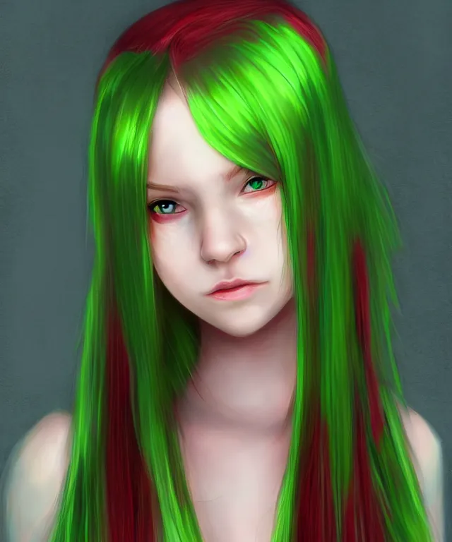 Prompt: Teenage girl, Fae, Fantasy, highly detailed, portrait, long red hair, green highlights