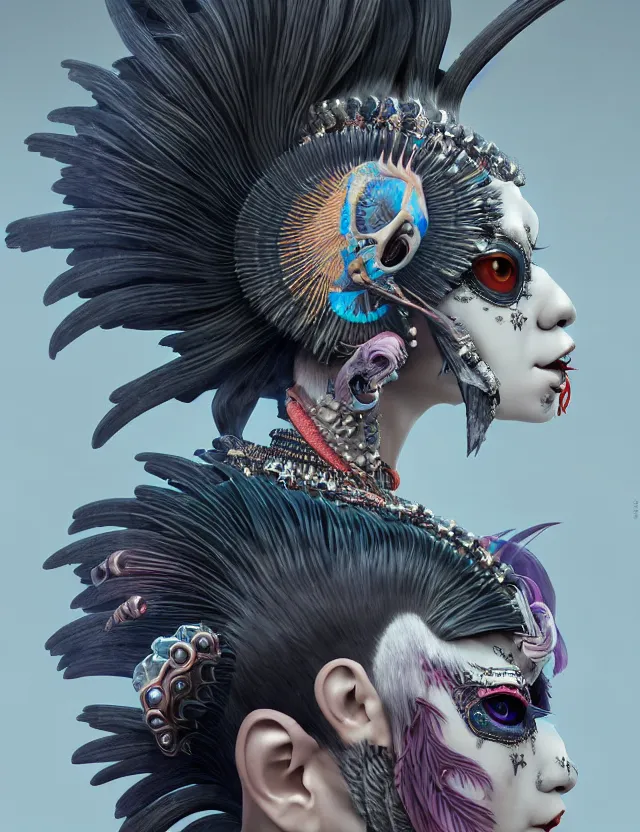 Image similar to 3 d goddess close - up profile portrait punk with mohawk with ram skull. beautiful intricately detailed japanese crow kitsune mask and clasical japanese kimono. betta fish, jellyfish phoenix, bio luminescent, plasma, ice, water, wind, creature, artwork by tooth wu and wlop and beeple and greg rutkowski