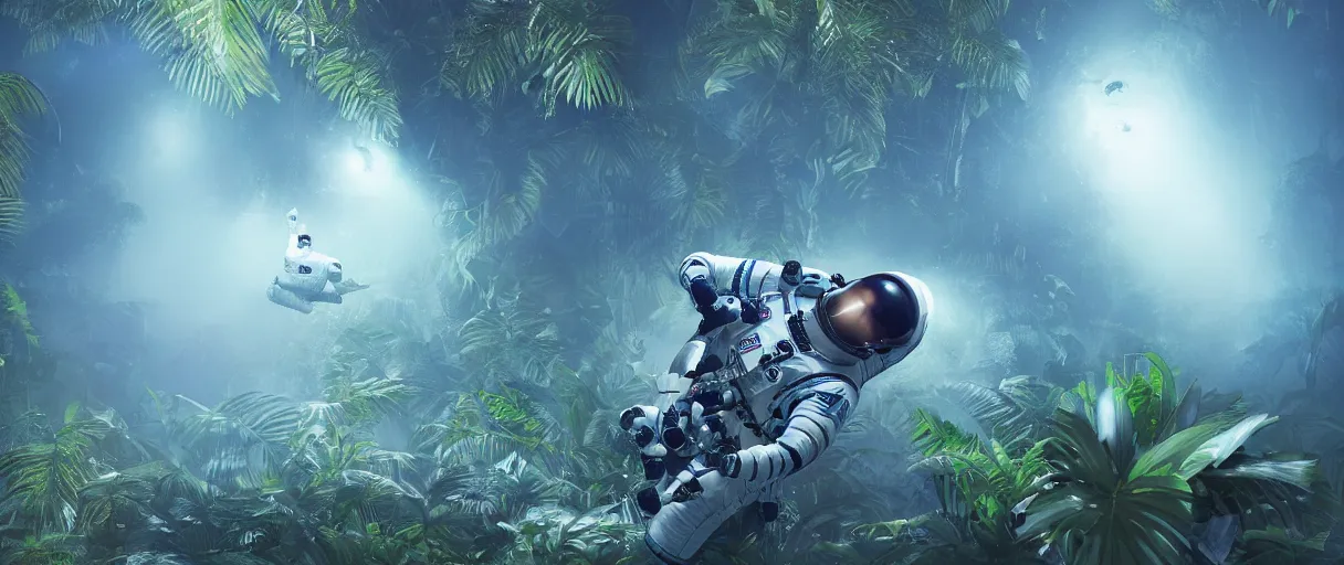 Prompt: portrait wide angle shot of space astronaut flying inside tropical jungle with palm leaves, small fog and gloomy blue lights, highly detailed science fiction illustration by jeremy geddes. photorealistic, octane render, hyper detailed, 8 k, movie still, artstation, unreal engine,