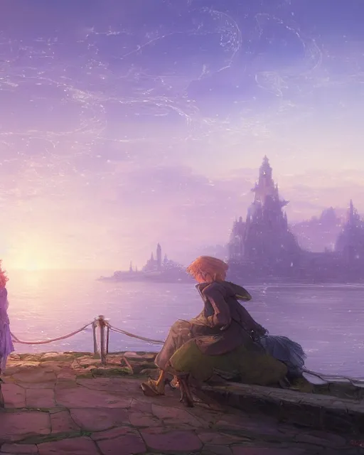 Image similar to over the shoulder landscape painting of violet evergarden, behind are distant lights from an old european city, next to the reflecting ocean, nighttime, by Philipp A. Urlich and Pengzhen Zhang and Andreas Rocha, fantasy, intricate, elegant, highly detailed, digital painting, artstation, blender, unreal engine 5, octane render, smooth, sharp focus, illustration