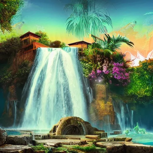 Image similar to ancient ottoman structure and waterfalls, epic retrowave art, trending on art station