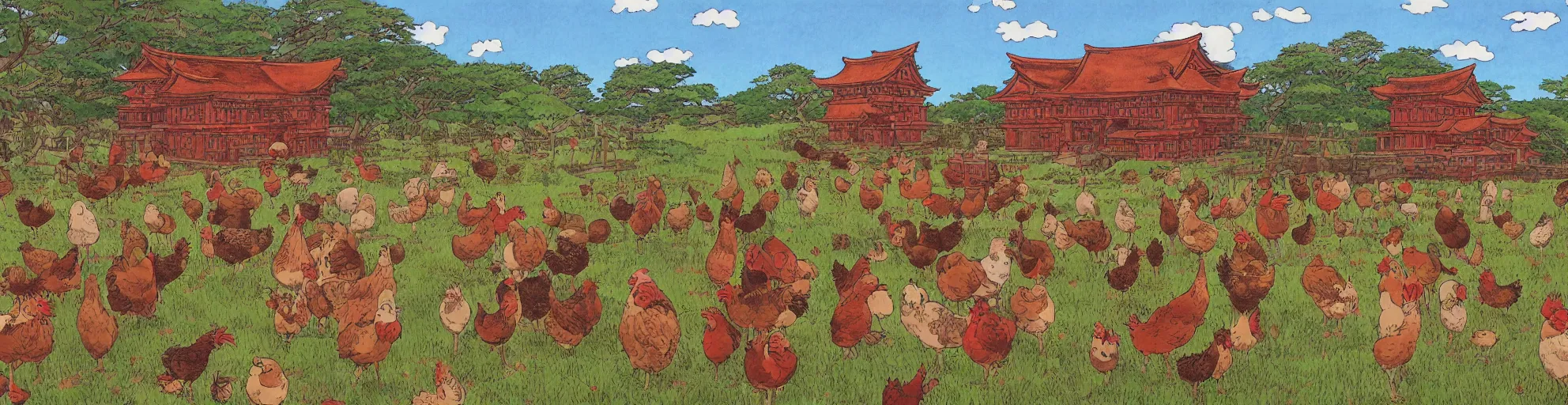 Image similar to big red and brown japanese fort in a meadow with chickens by studio ghibli painting