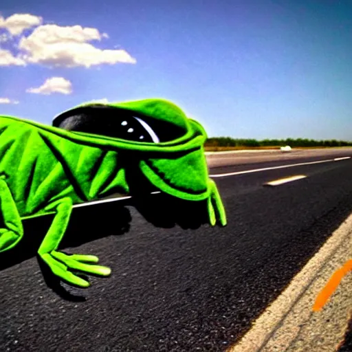 Image similar to kermit in a cowboy hat rolling coal on the highway