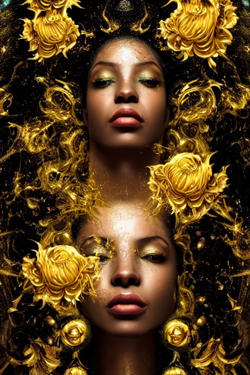 Prompt: hyper realistic neo - rococo cinematic very expressive! black oshun goddess, open eyes, body in water, mirror dripping droplet!, gold flowers, highly detailed face, digital art masterpiece, smooth eric zener cam de leon dramatic pearlescent teal light, ground angle uhd 8 k, sharp focus