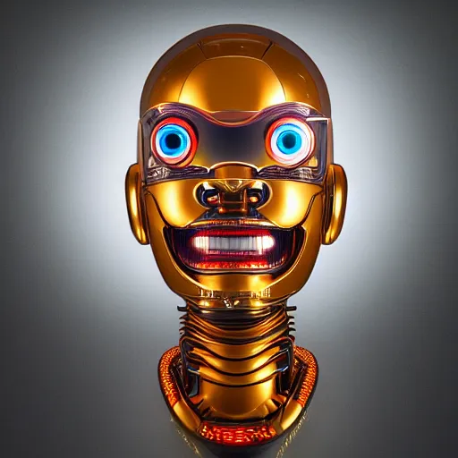 Prompt: Soundcloud robot rapper full of face tattoos and grills in its teeth, designed by Luigi Colani, smooth curvature design, ultra detailed, highly capsuled, detailed full body concept art, digital art, detailed intricate elegant, octane render, futuristic, led lights, 8k, 100 mm lens