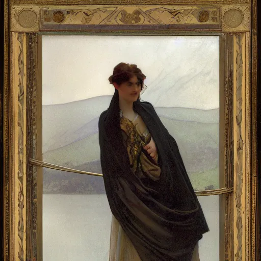 Image similar to a beautiful painting of a young girl in the scottish highlands, underexposed and overcast, by alphonse mucha, john sargent, and octane.