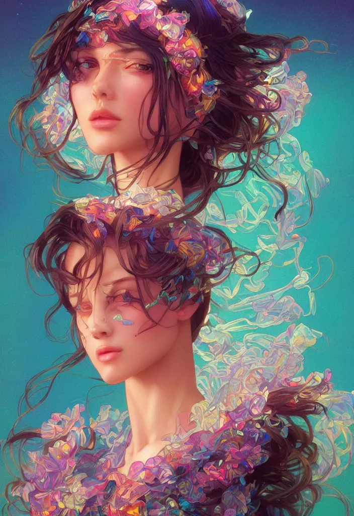 Image similar to beautiful, young woman, detailed gorgeous face, vaporwave aesthetic, synthwave, colorful, psychedelic, artstation, concept art, smooth, extremely sharp detail, finely tuned detail, ultra high definition, 8 k, unreal engine 5, ultra sharp focus, illustration, art by artgerm, greg rutkowski and alphonse mucha