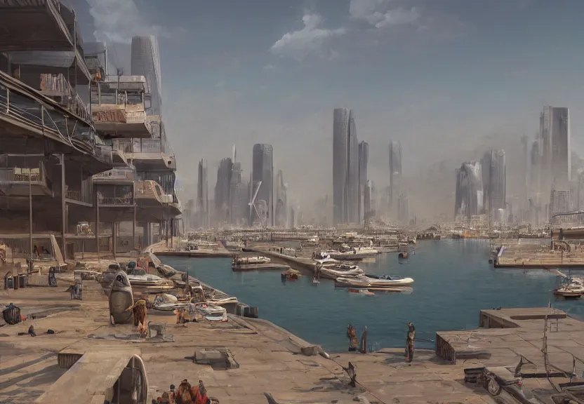 Image similar to a modern harbor with a concrete dock and a storage facility, summer season, very hot, dry desert, large sun, architecture, a realistic digital painting by greg rutkowski and james gurney, trending on artstation, highly detailed