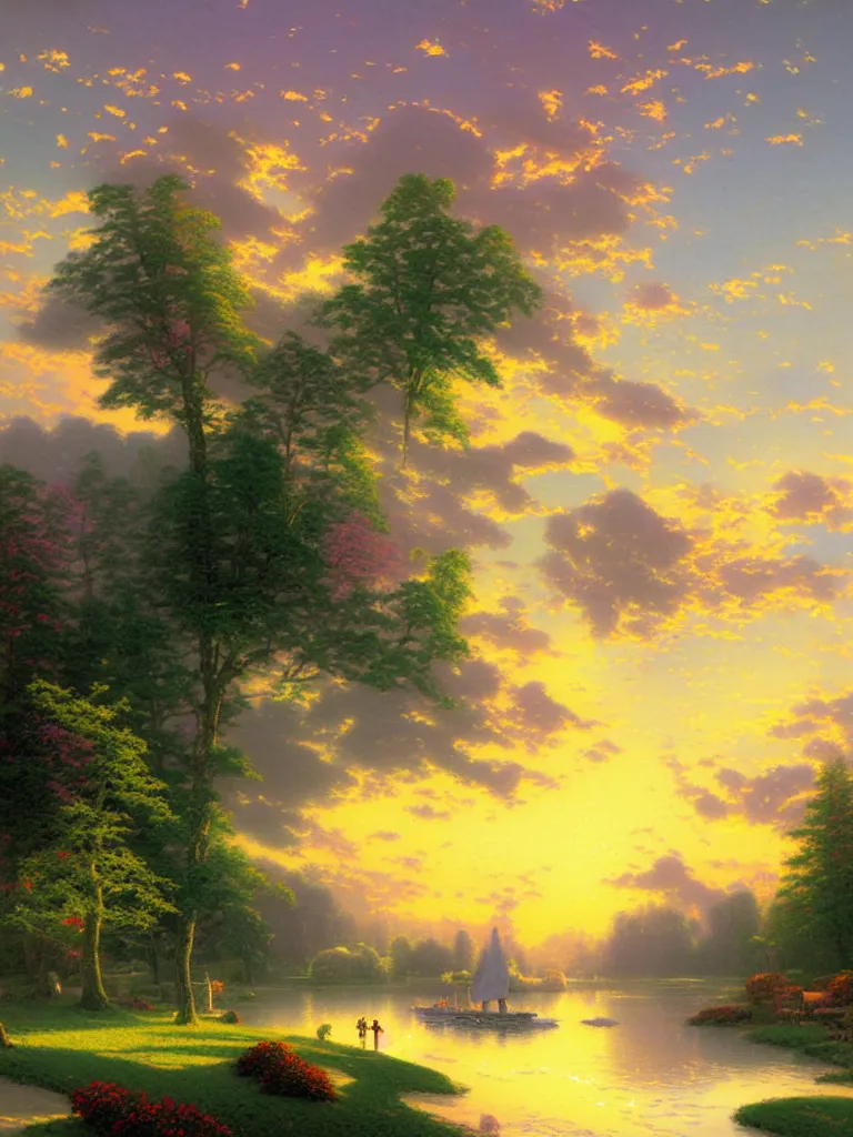 Prompt: serene candy color whispy sky, Digital Matte Illustration by thomas kinkade and asher brown durand