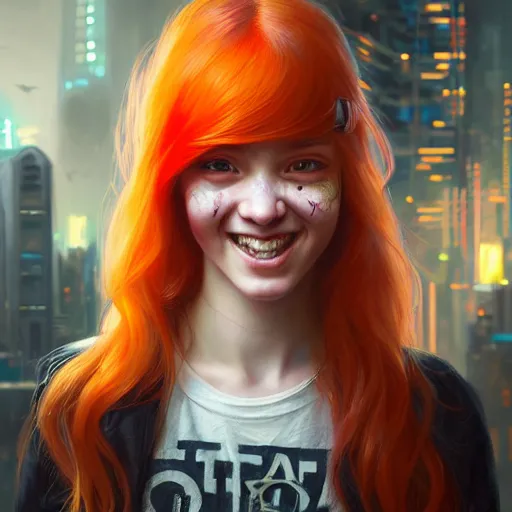 Prompt: portrait painting of a cute teenage girl with wild orange hair and a bright smile wearing cyberpunk clothes, ultra realistic, concept art, intricate details, eerie, highly detailed, photorealistic, octane render, 8 k, unreal engine. art by artgerm and greg rutkowski and charlie bowater and magali villeneuve and alphonse mucha