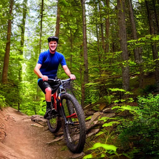 Prompt: 38 year old male on a full suspension mountain bike riding down a steep and rocky trail with a big smile on his face, ultrarealistic, 4K