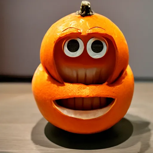 Image similar to a taxidermized annoying orange, in a museum, 8 5 mm lens, 7 0 mm entrance pupil diameter