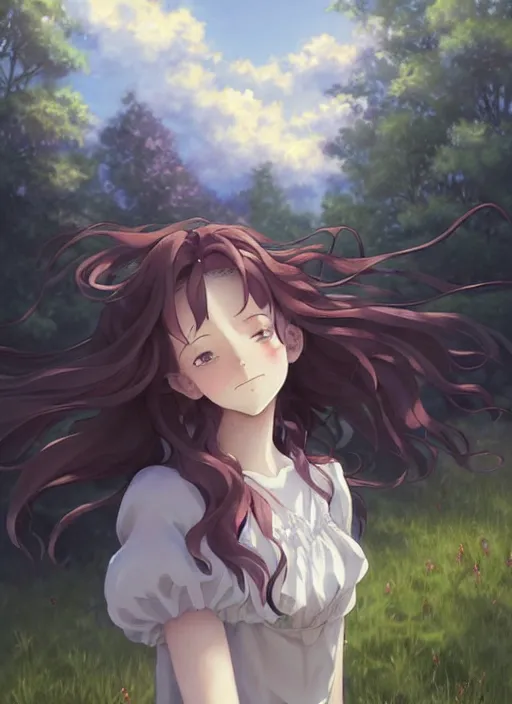 Image similar to Painting of a cottagecore witch with curly strawberry hair in the style of Violet Evergarden, beautiful anime art style, winged eyelashes, countryside, calm, fantasy character portrait, dark outlines, dynamic pose, above view, sunny day, artwork by Makoto Shinkai, very coherent asymmetrical artwork, sharp edges, perfect face, simple form, 100mm