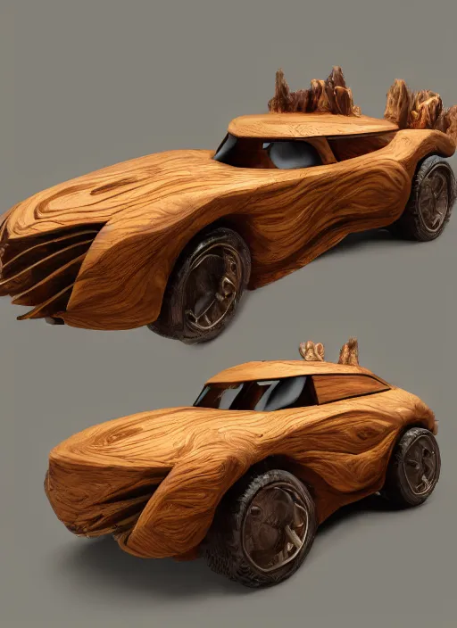 Image similar to a wood carved fancy car on a forest, art style by pixar dreamworks warner bros disney riot games arcane and overwatch, au naturel, hyper detailed, digital art, trending in artstation, cinematic lighting, studio quality, smooth render, unreal engine 5 rendered, octane rendered