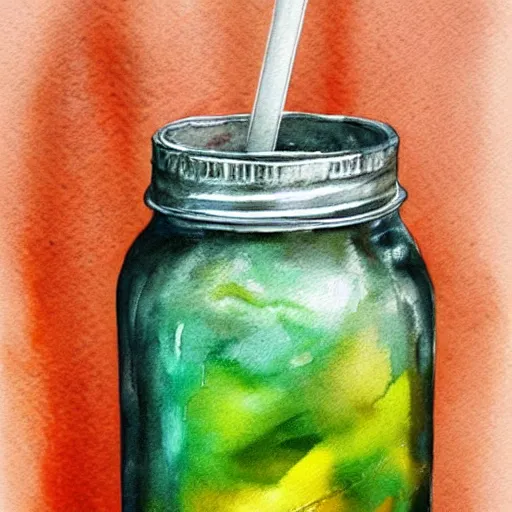 Prompt: Ice Tea in a mason jar, Watercolor, photorealistic, high resolution, award winning, trending on artstation, art by artgerm, best selling on redbubble
