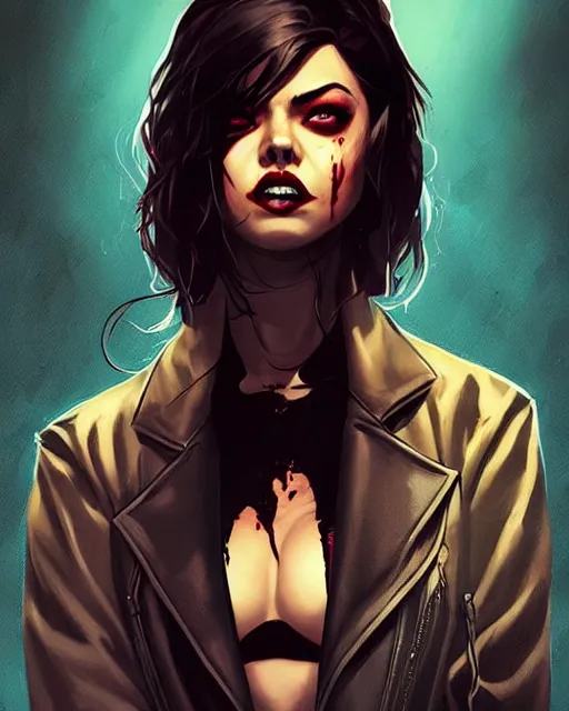 Prompt: Rafael Albuquerque comic cover art, loish, Sam yang, artgerm, Ross tran, pretty female Samara Weaving vampire, very sharp fangs blood on face face, sarcastic smile, symmetrical eyes, symmetrical face, brown leather jacket, jeans, long black hair, middle shot, highly saturated, deep blacks